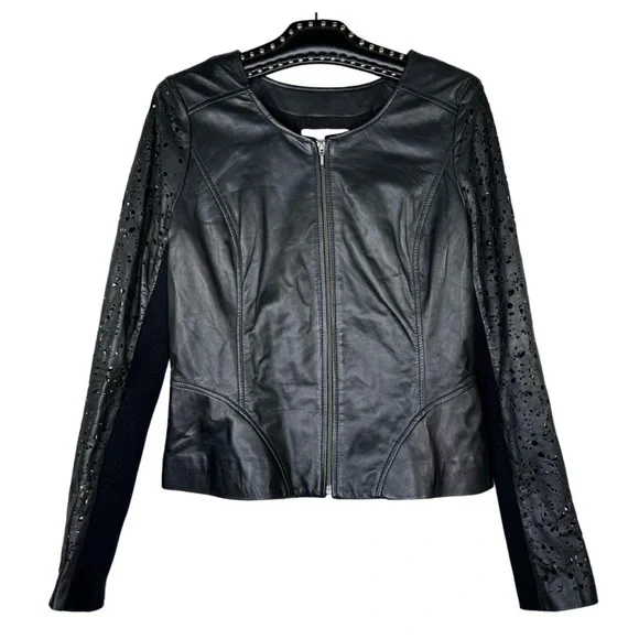 HINGE Seattle Black 💯 Leather Moto Jacket Cut Out Sleeve Women size Medium - Picture 2 of 8